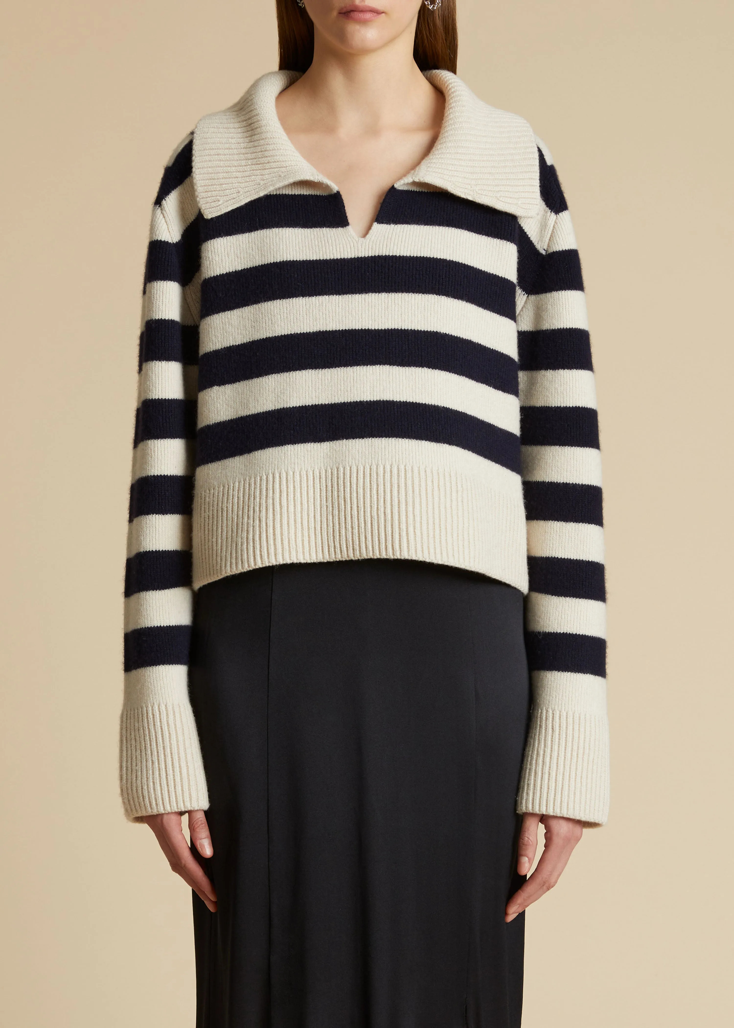 The Franklin Sweater in Magnolia with Navy Stripes sold by KHAITE