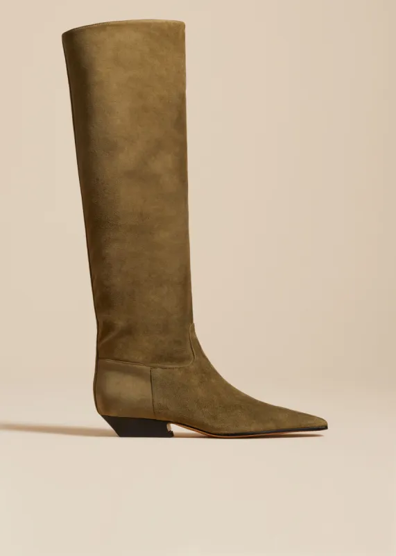 The Marfa Knee-High Boot in Khaki Suede sold by KHAITE