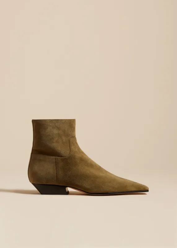 The Marfa Ankle Boot in Khaki Suede sold by KHAITE