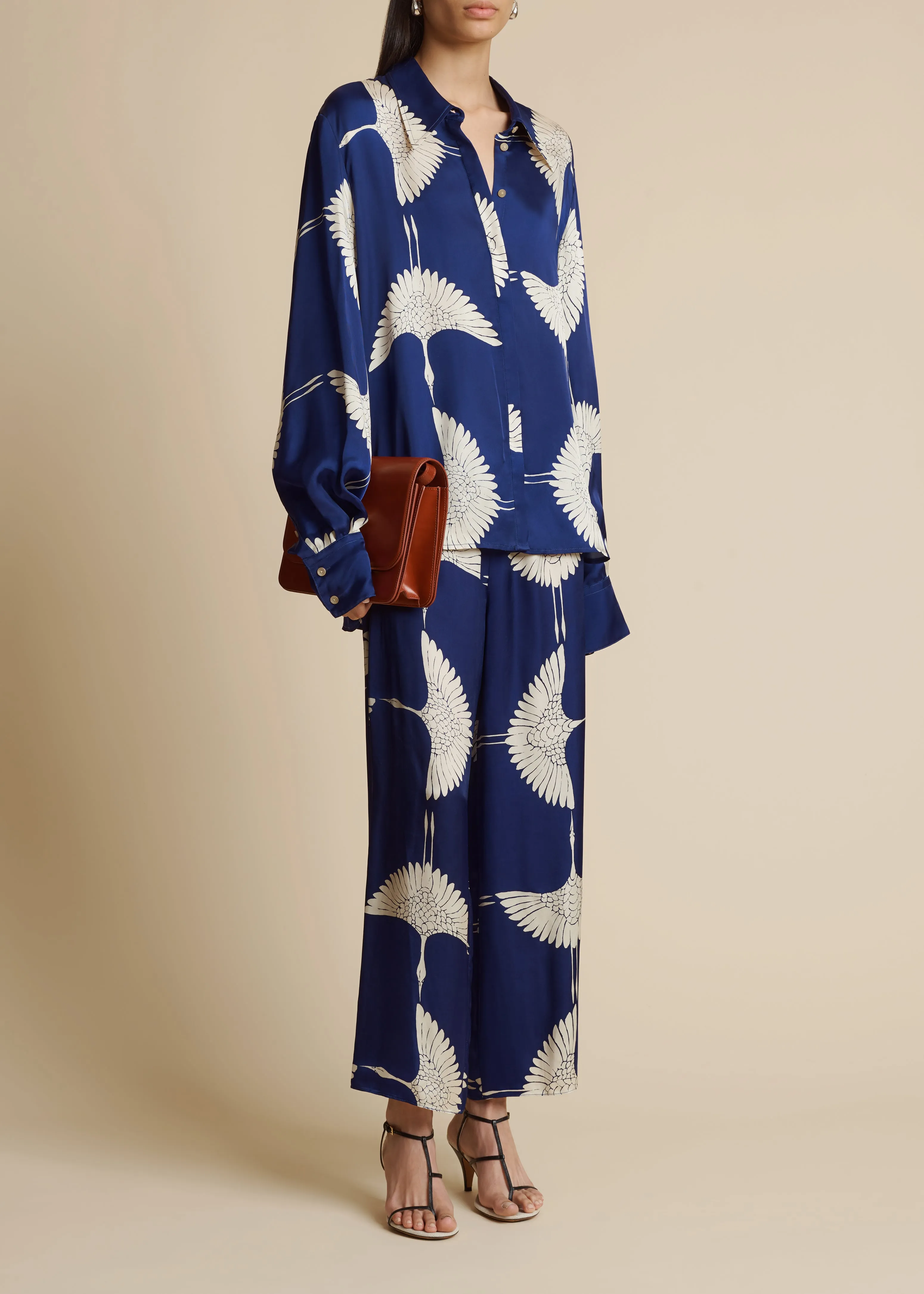 Mindy Pant in Cobalt and Cream Crane Print sold by KHAITE product image thumbnail 2