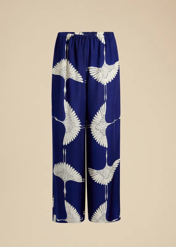 Mindy Pant in Cobalt and Cream Crane Print sold by KHAITE