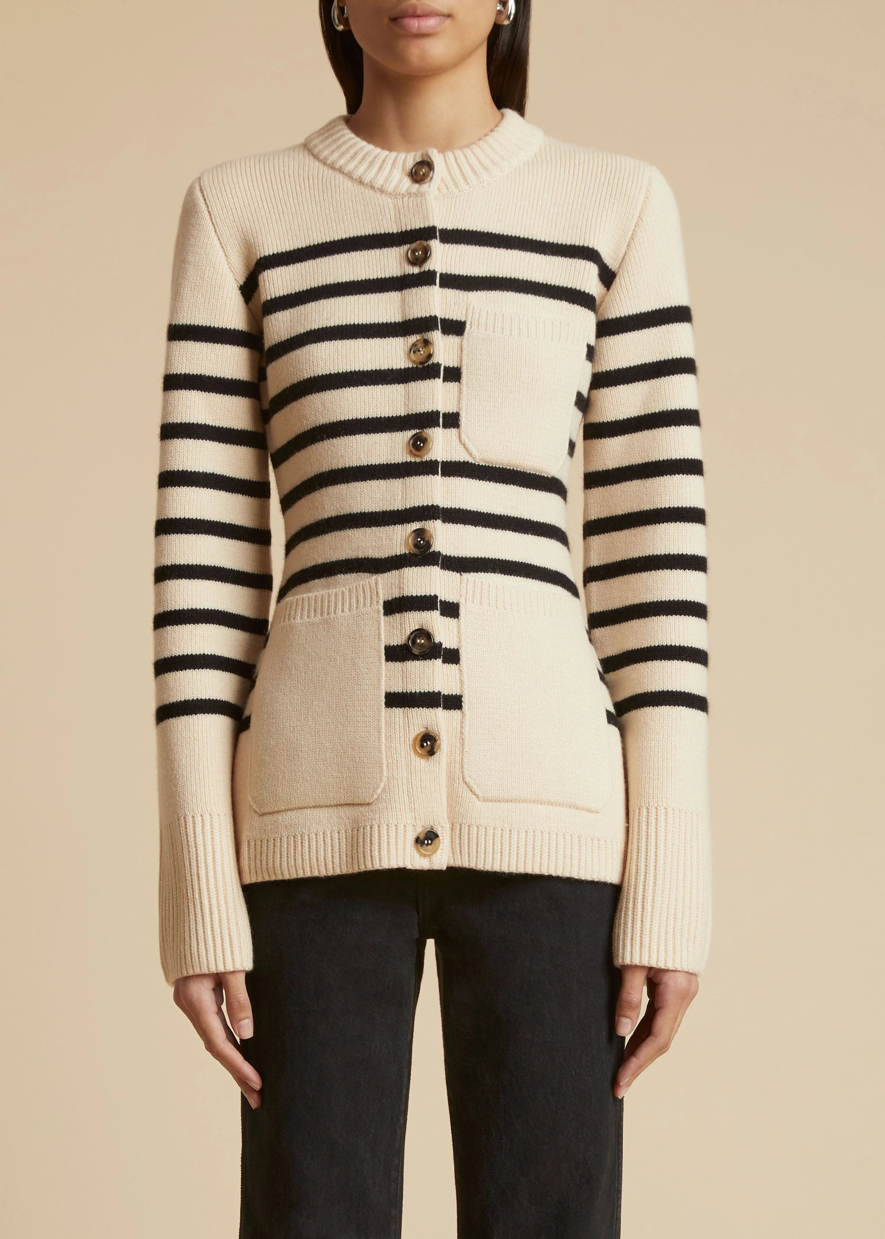 The Suzette Cardigan in Custard and Black Stripe sold by KHAITE