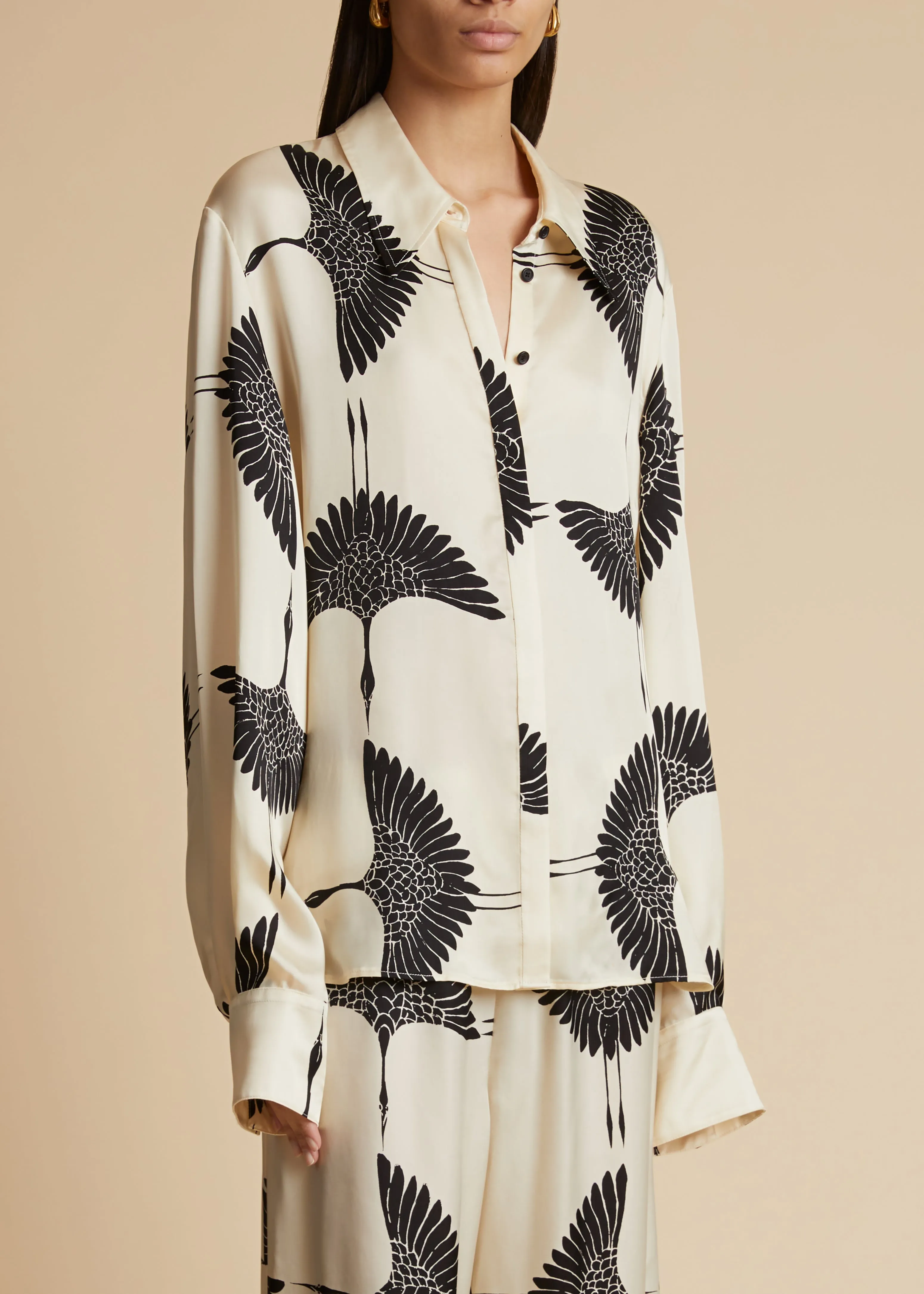 Minta Top in Cream and Black Crane Print sold by KHAITE product image thumbnail 3