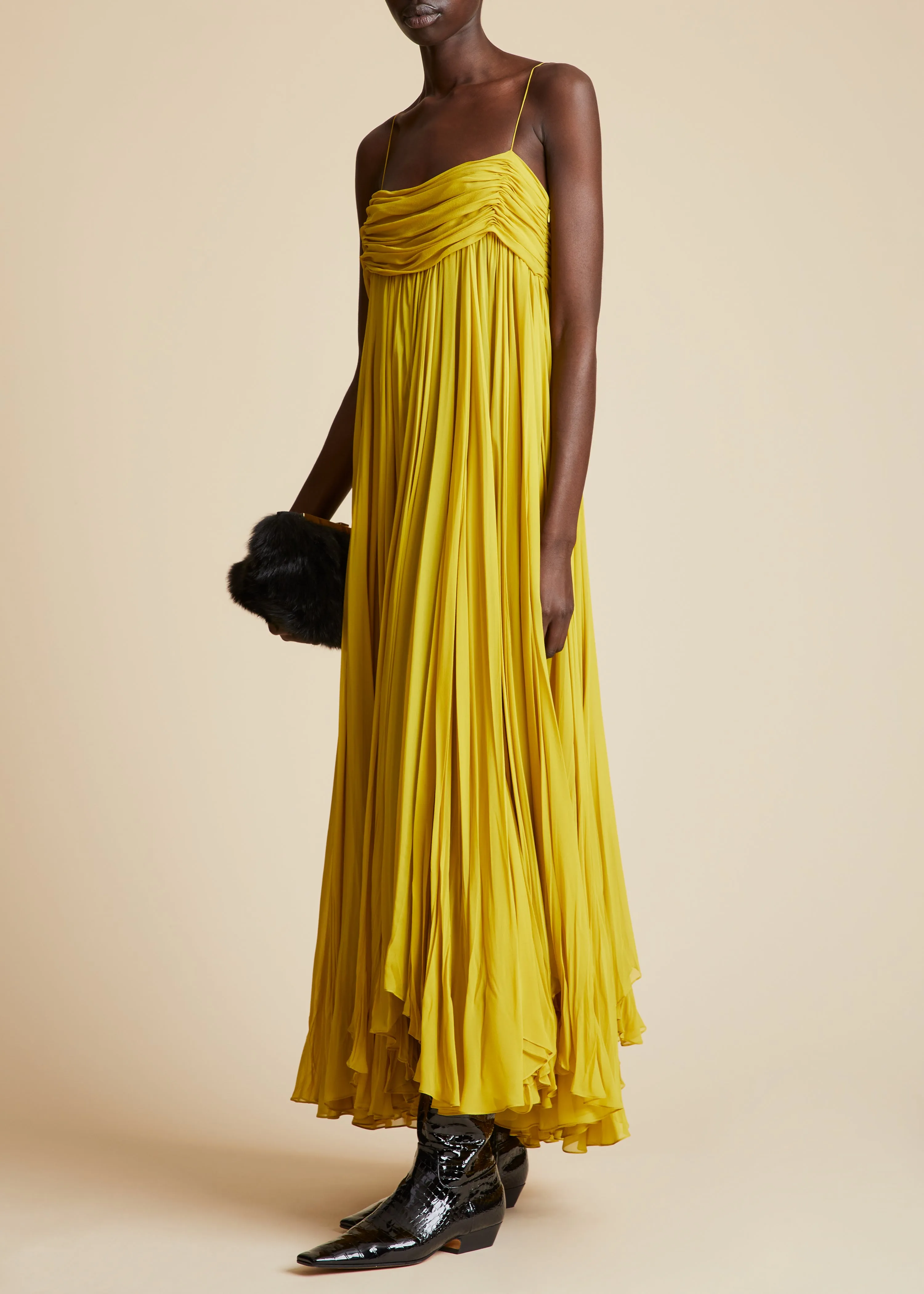 The Lally Dress in Chartreuse sold by KHAITE