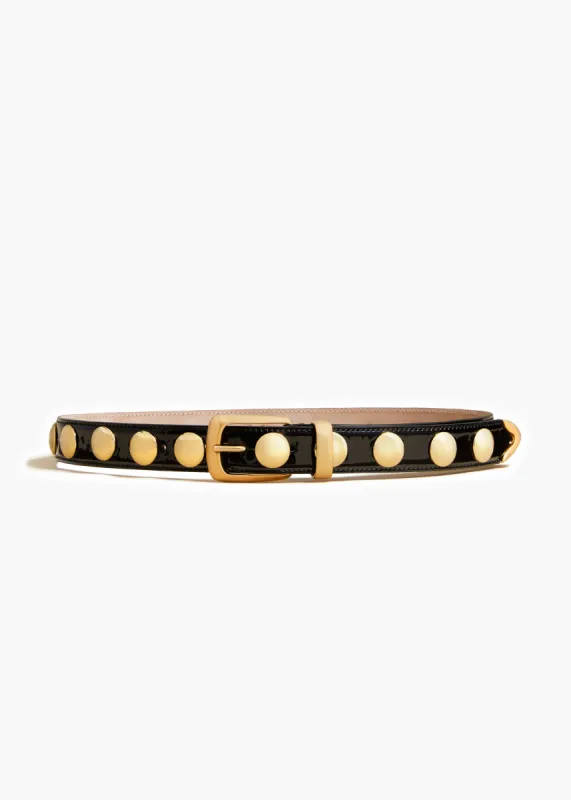 Benny Belt with Studs in Black Patent Leather and Gold sold by KHAITE