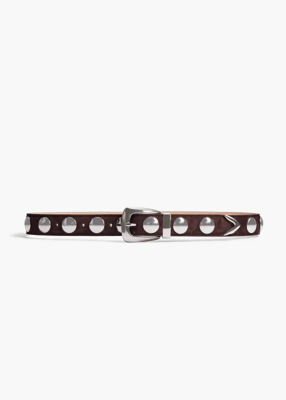 Benny Belt with Studs in Coffee Suede and Silver sold by KHAITE