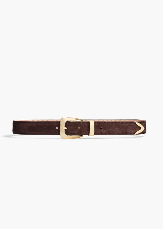 Benny Belt in Coffee Suede with Gold sold by KHAITE
