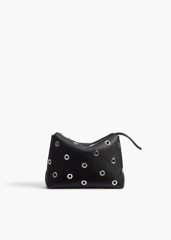 Lina Pochette in Black Pebbled Leather with Grommets sold by KHAITE