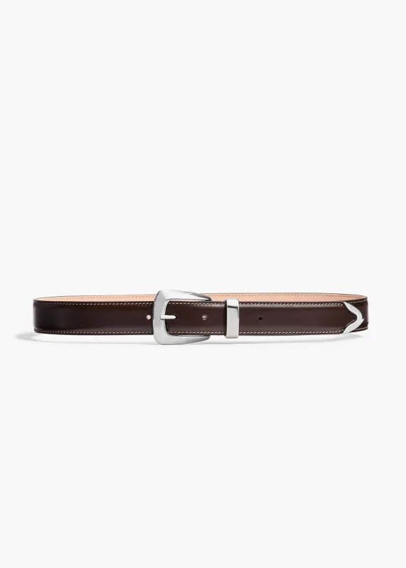 Benny Belt in Dark Brown Leather and Off-White Stitching with Silver sold by KHAITE