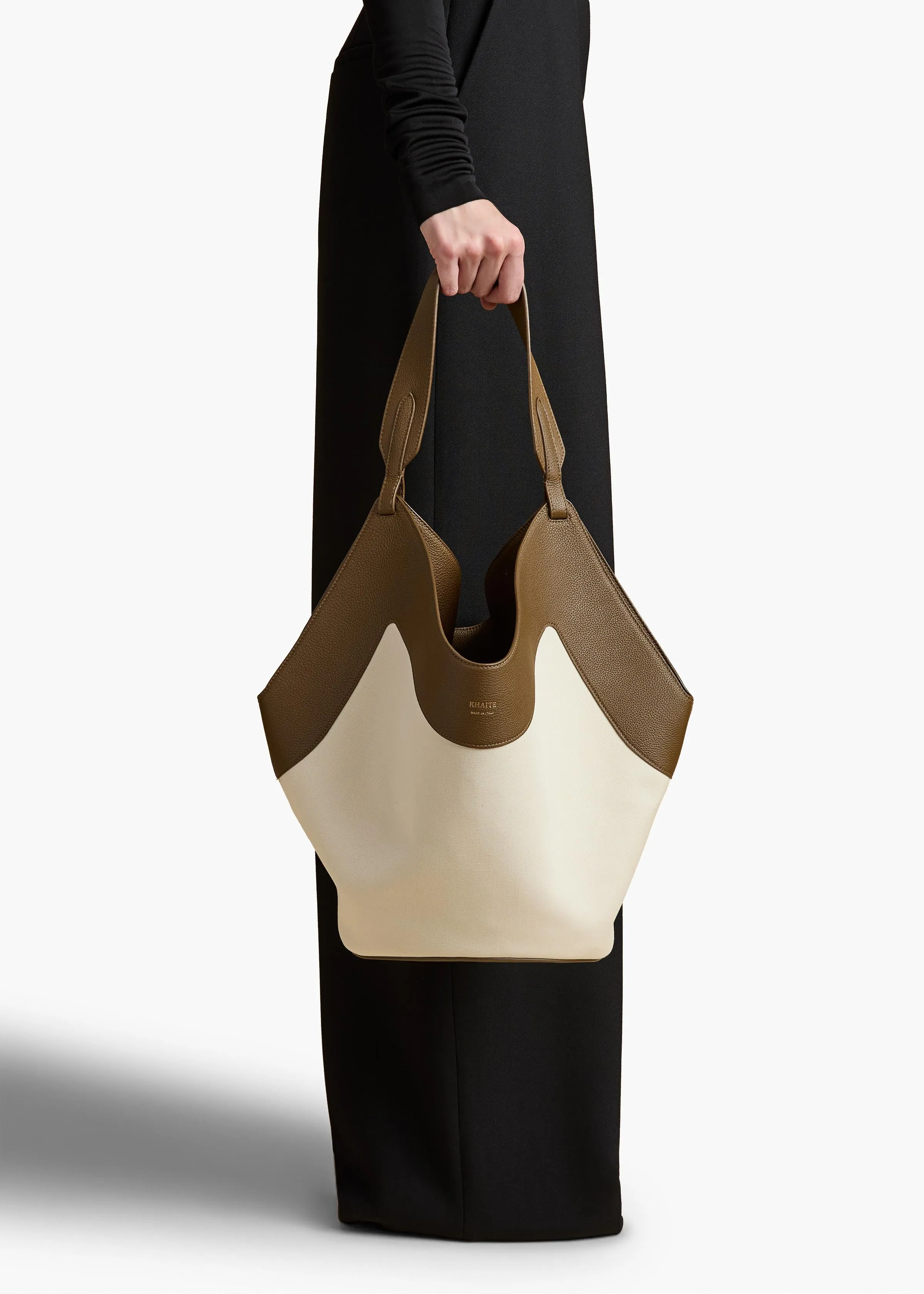Medium Lotus Tote in Dark Olive Leather and Cream Canvas sold by KHAITE product image thumbnail 5