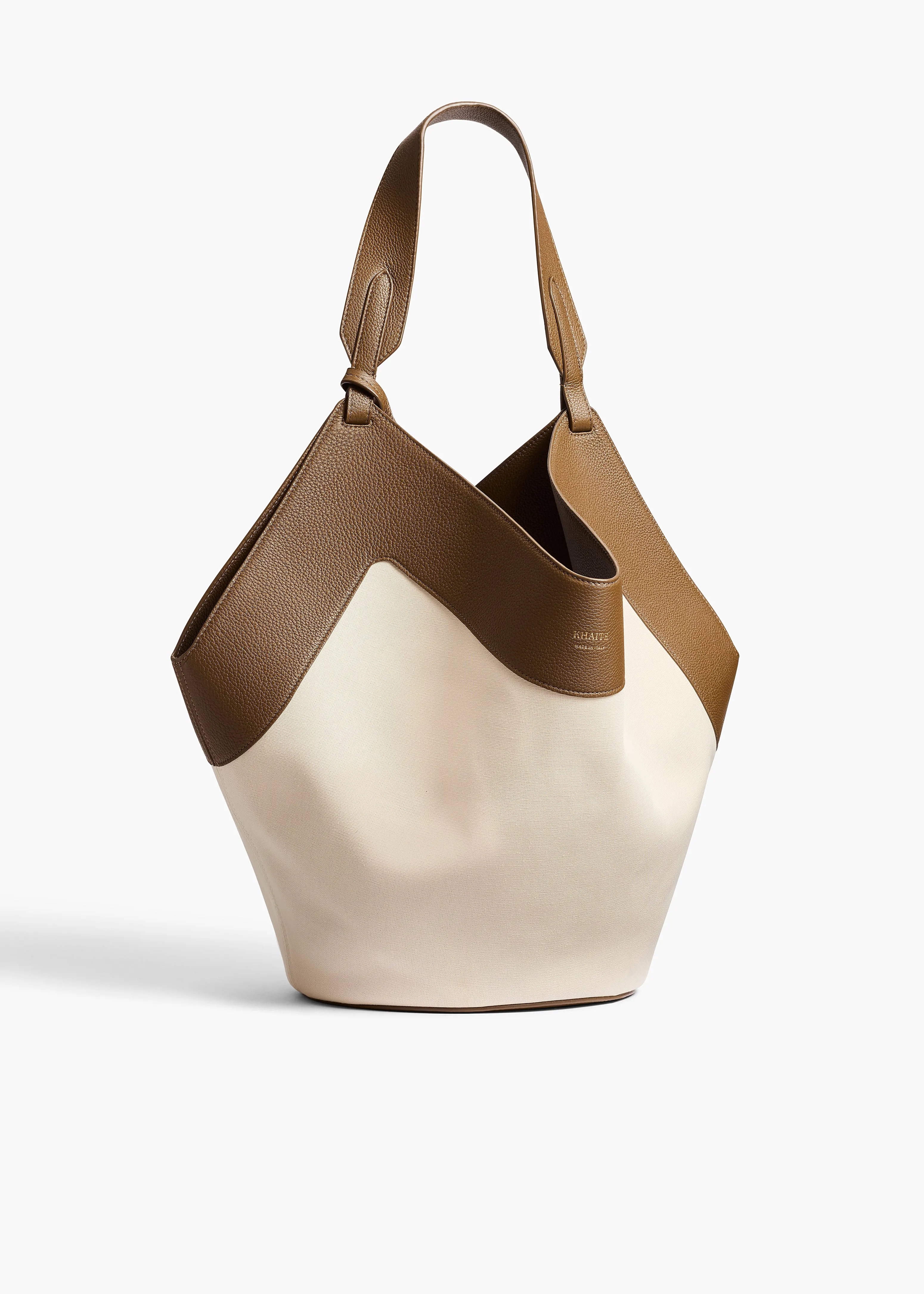 Medium Lotus Tote in Dark Olive Leather and Cream Canvas sold by KHAITE