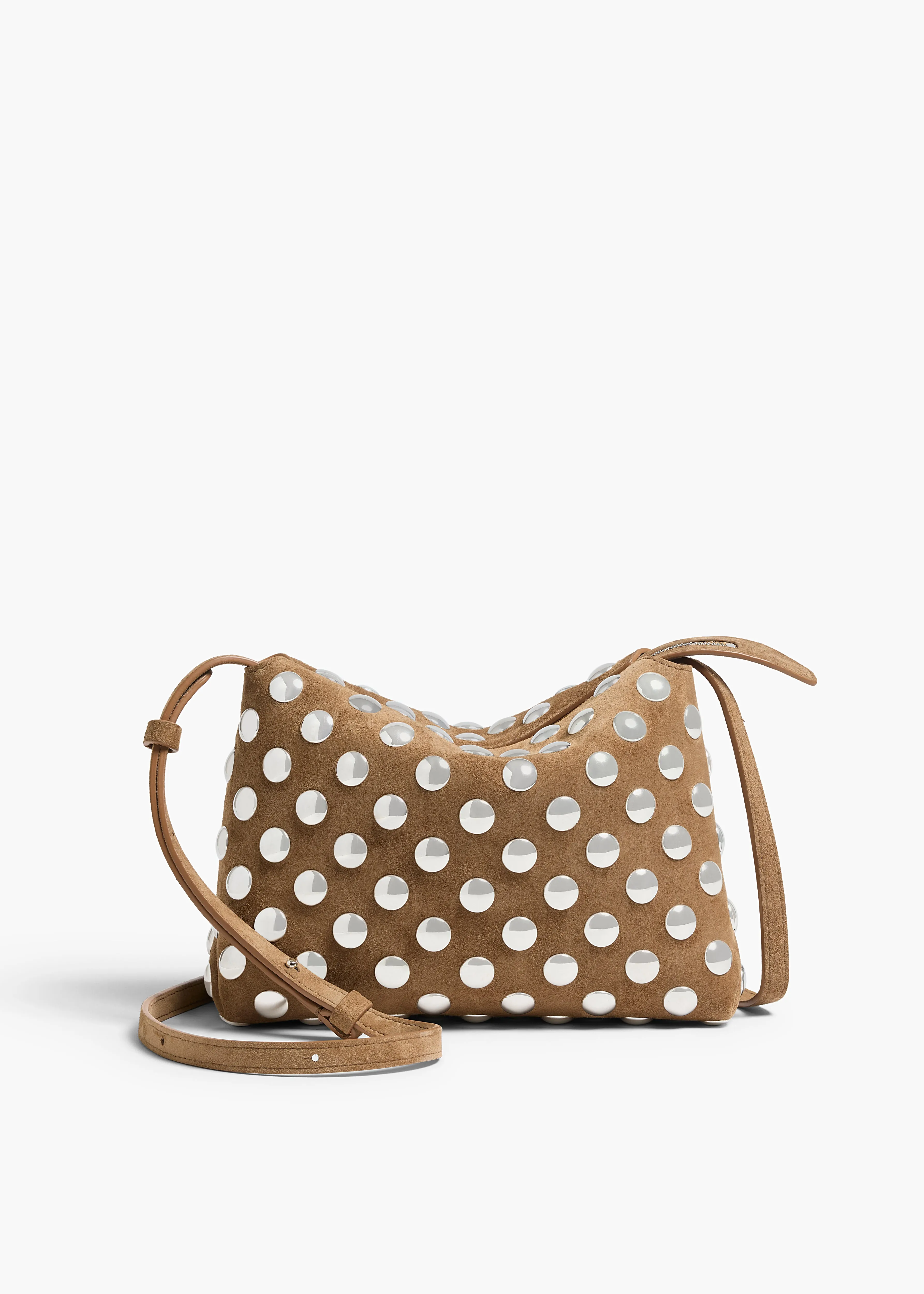Lina Crossbody Bag in Mokka Suede with Silver Studs sold by KHAITE
