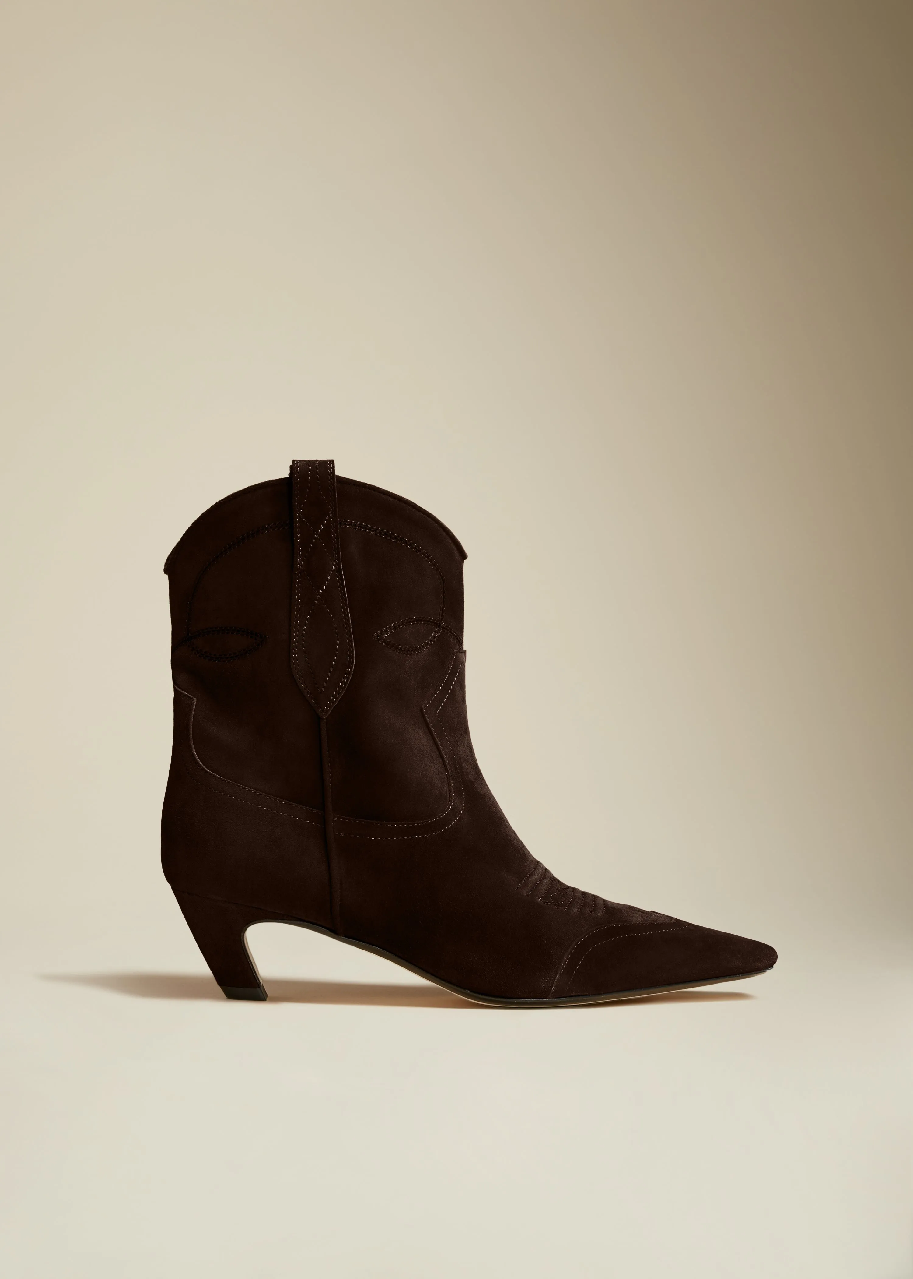 The Dallas Ankle Boot in Coffee Suede sold by KHAITE