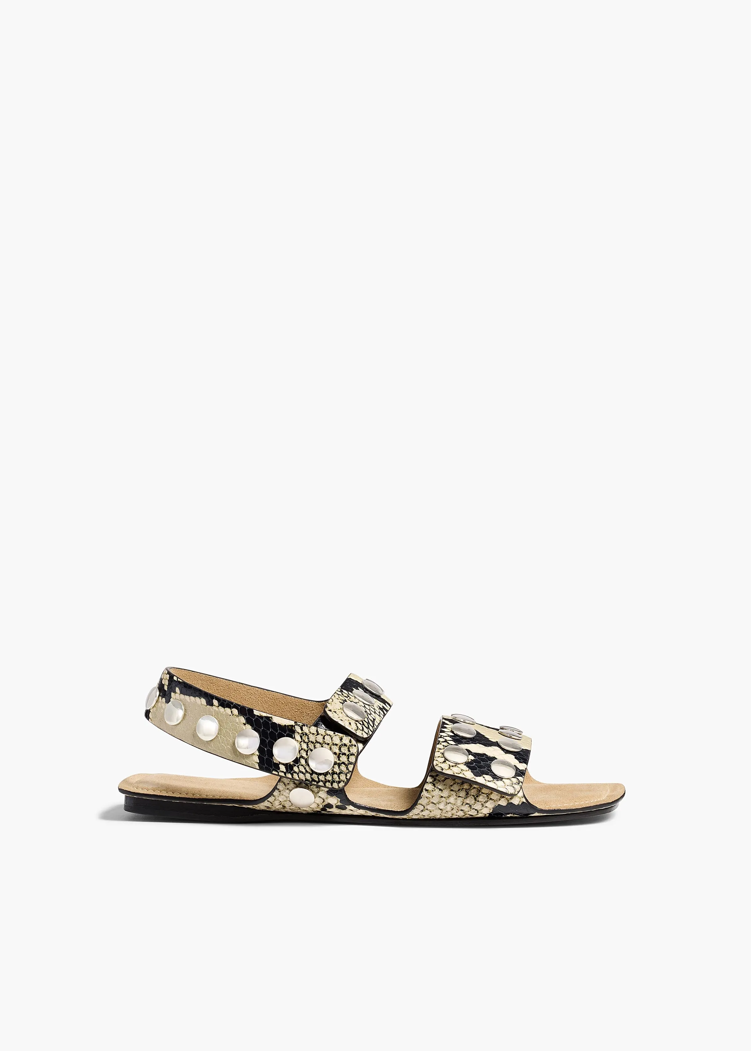 Boden Sandal in Natural Python-Embossed Leather with Silver Studs sold by KHAITE
