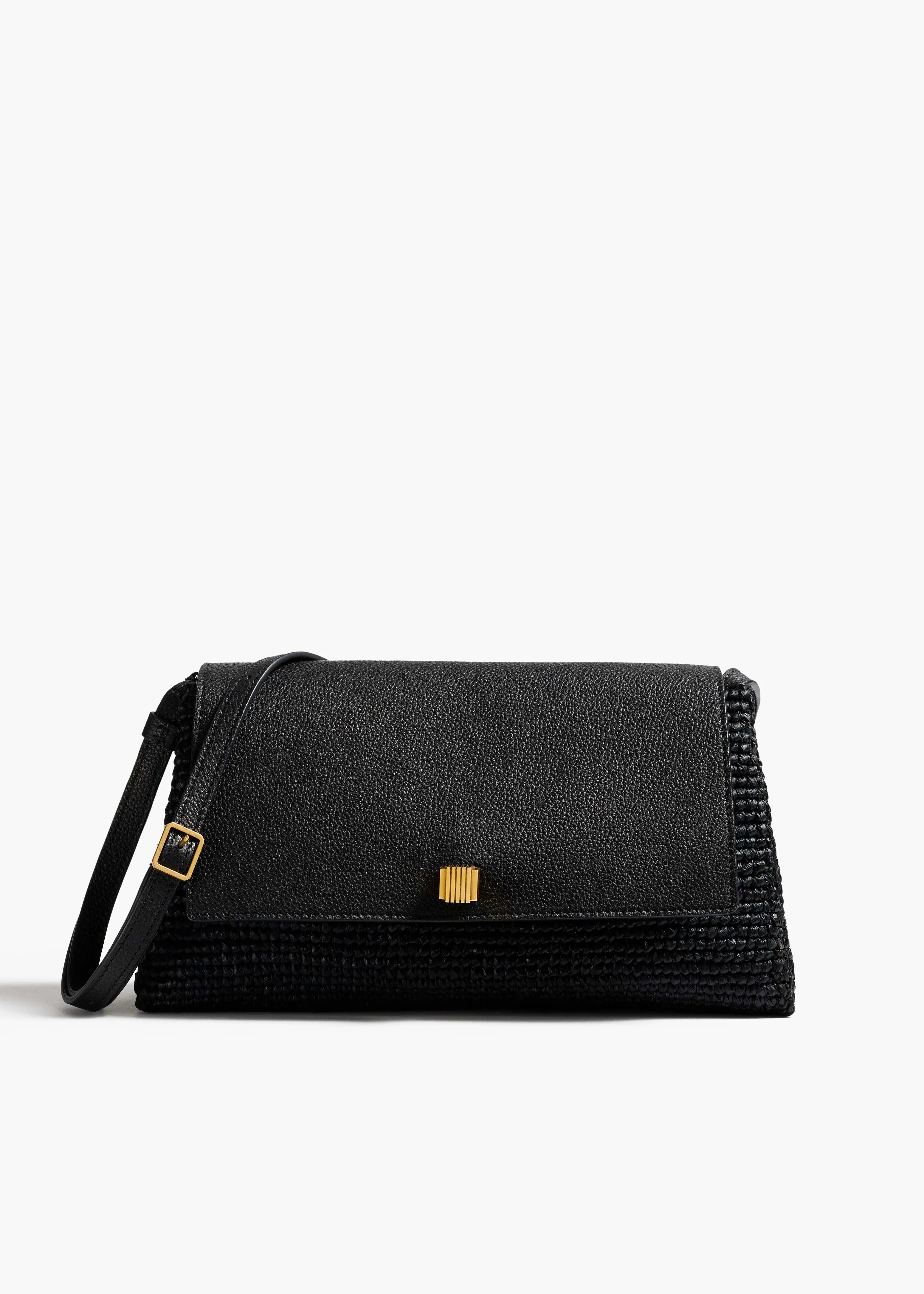 Audrey Crossbody Bag in Black Raffia and Black Leather sold by KHAITE