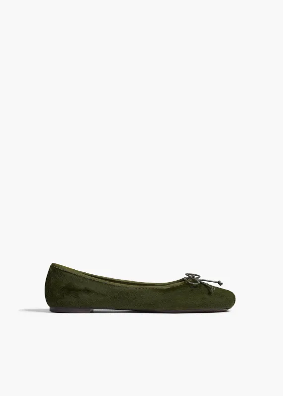 Charlotte Ballerina Flat in Racing Green Haircalf sold by KHAITE