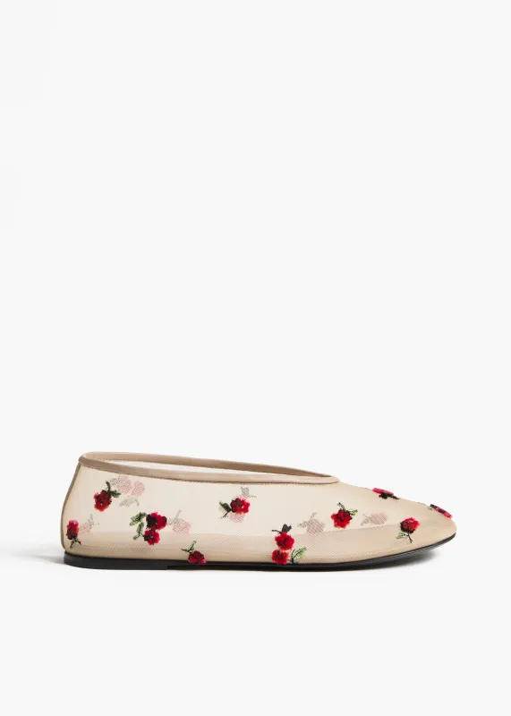 Marcy Flat in Beige Mesh with Raspberry Embroidery made by KHAITE