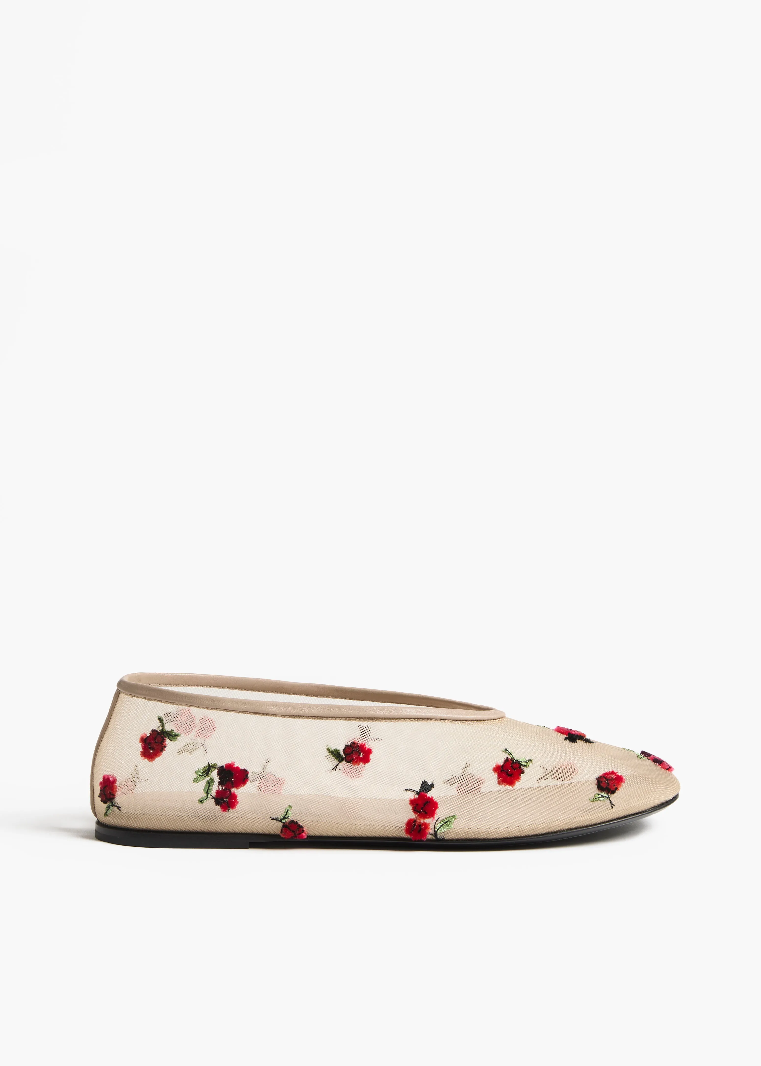 Marcy Flat in Beige Mesh with Raspberry Embroidery sold by KHAITE