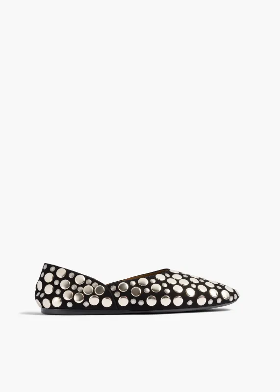 Jane Flat in Black Suede with Silver Studs sold by KHAITE