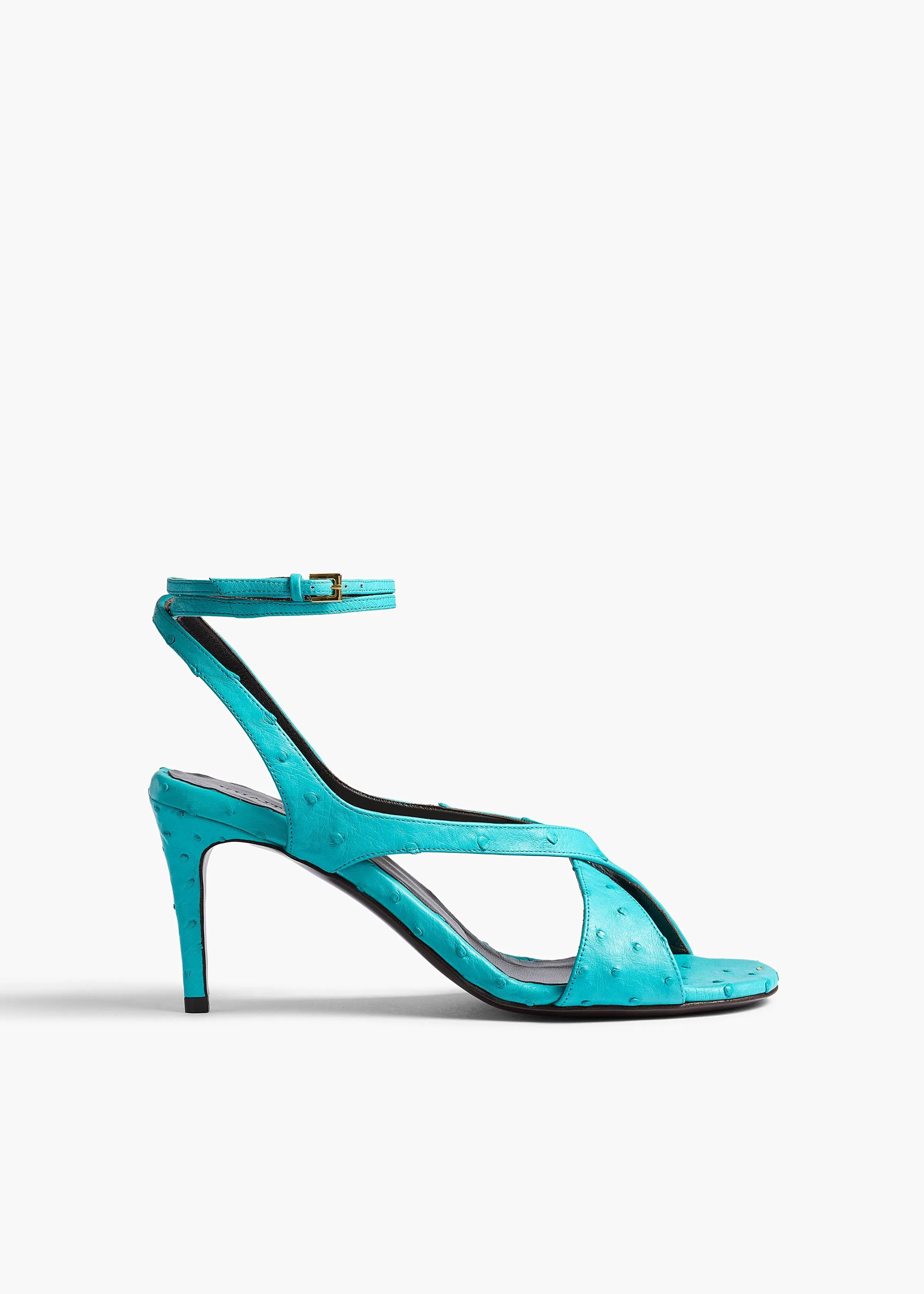 Liria Ankle Strap Sandal in Crystal Blue Ostrich sold by KHAITE
