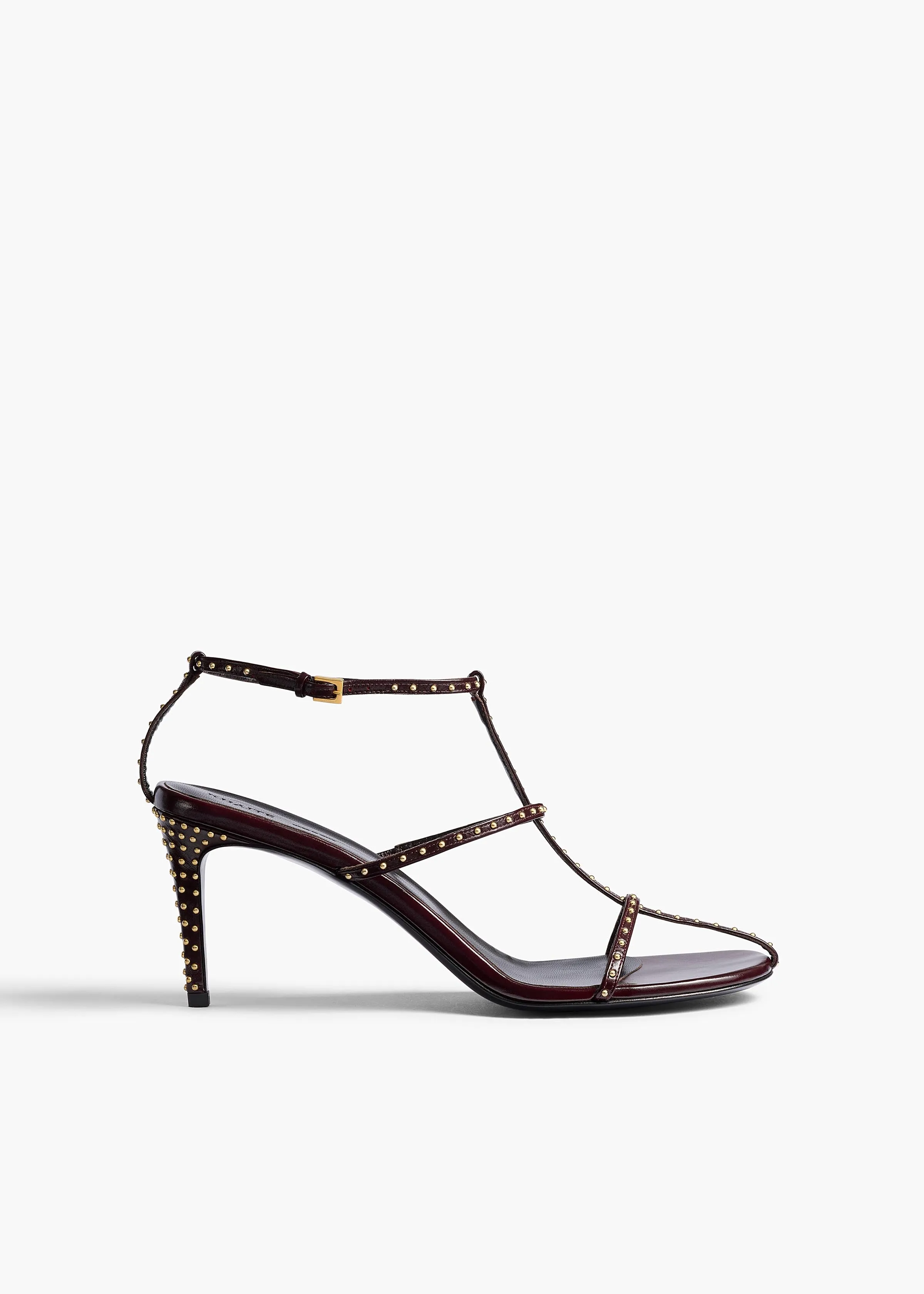 Cage Sandal in Bordeaux Leather with Gold Studs sold by KHAITE
