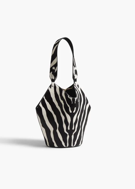 Mini Lotus Tote in Zebra Print Haircalf and Black Suede sold by KHAITE