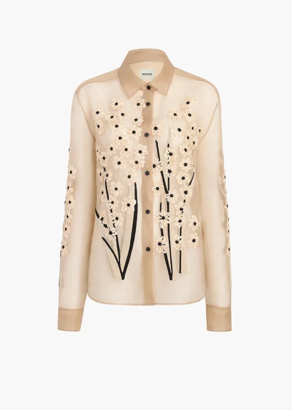 Argo Top in Chalk Organza with Floral Bouquet Embroidery sold by KHAITE