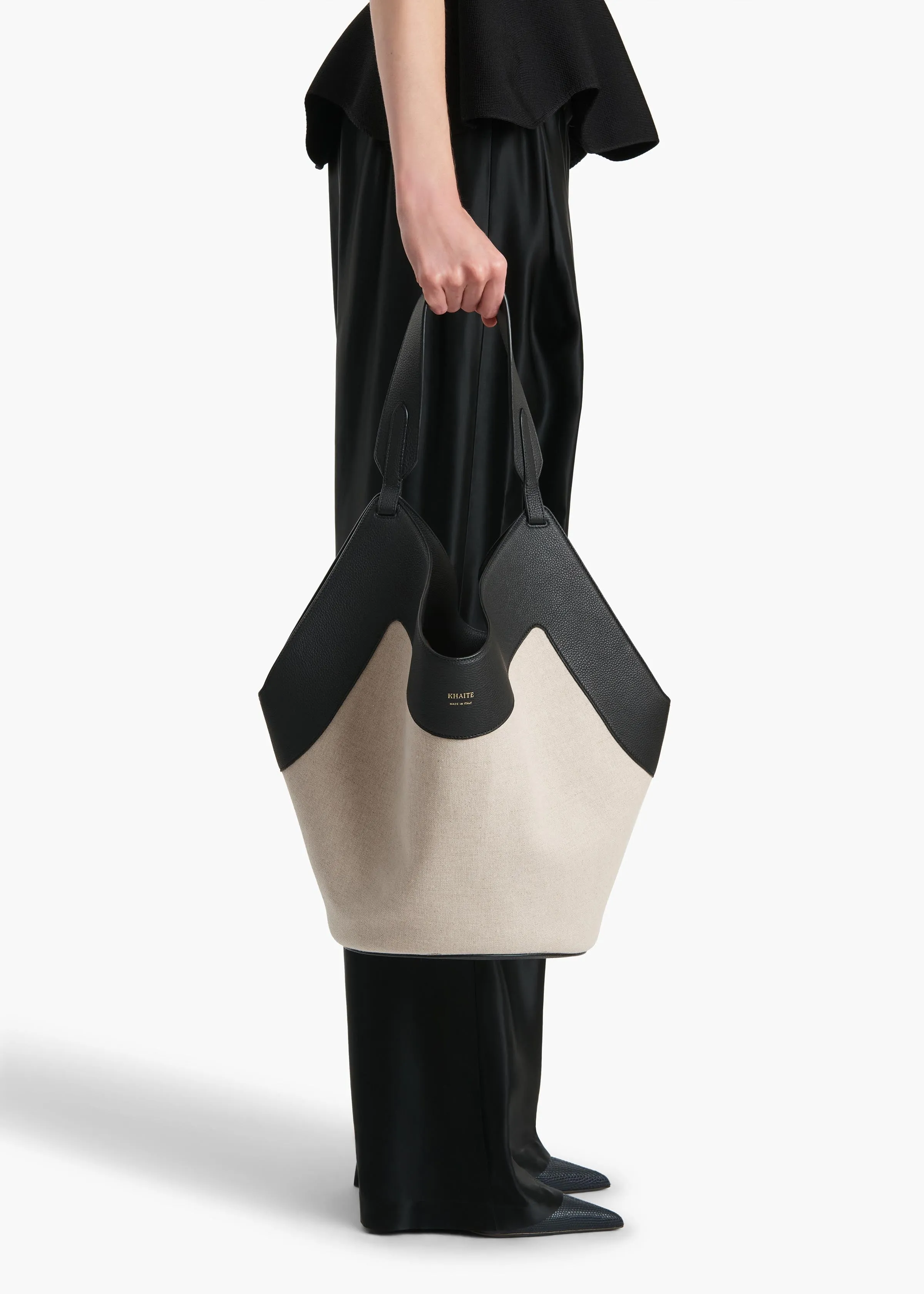 Medium Lotus Tote in Black Leather and Natural Canvas sold by KHAITE product image thumbnail 5