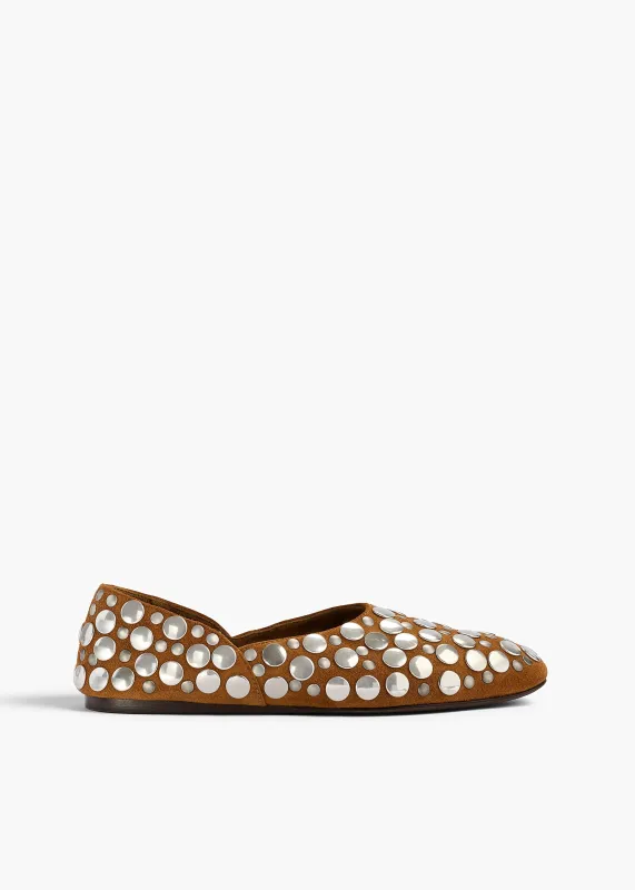 Jane Flat in Caramel Suede with Silver Studs sold by KHAITE