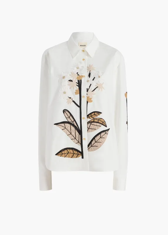 Argo Top in Chalk Cotton with Floral Embroidery made by KHAITE