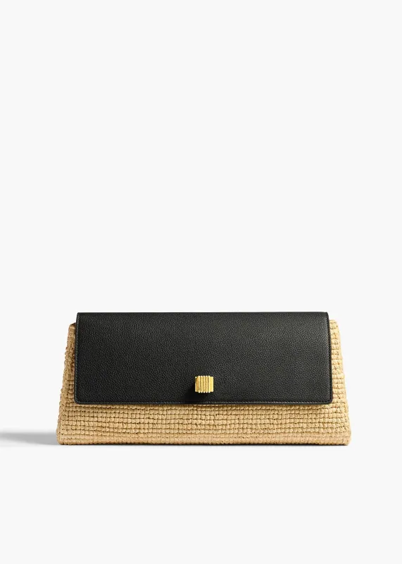 Audrey Clutch in Black Leather and Natural Raffia made by KHAITE