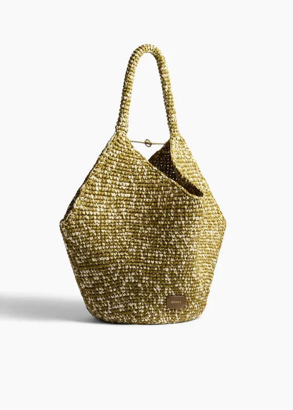 Medium Lotus Tote in Olive and White Raffia made by KHAITE