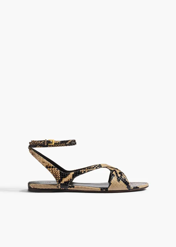 Liria Ankle Strap Flat Sandal in Python-Embossed Taupe made by KHAITE