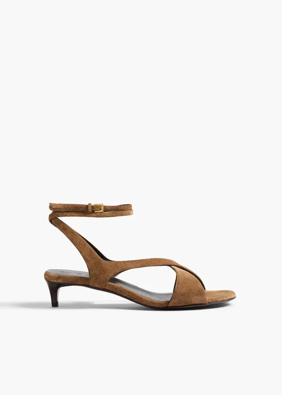 Liria Ankle Strap Sandal in Dattero Suede made by KHAITE
