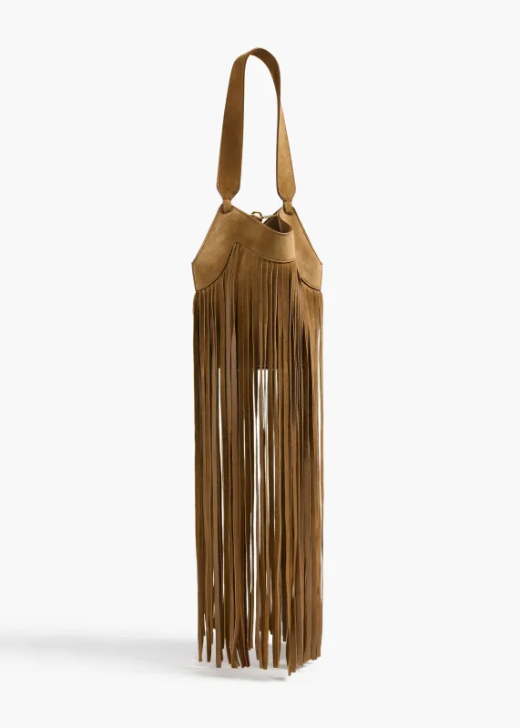 Nano Lotus Fringe Tote in Mud Suede made by KHAITE