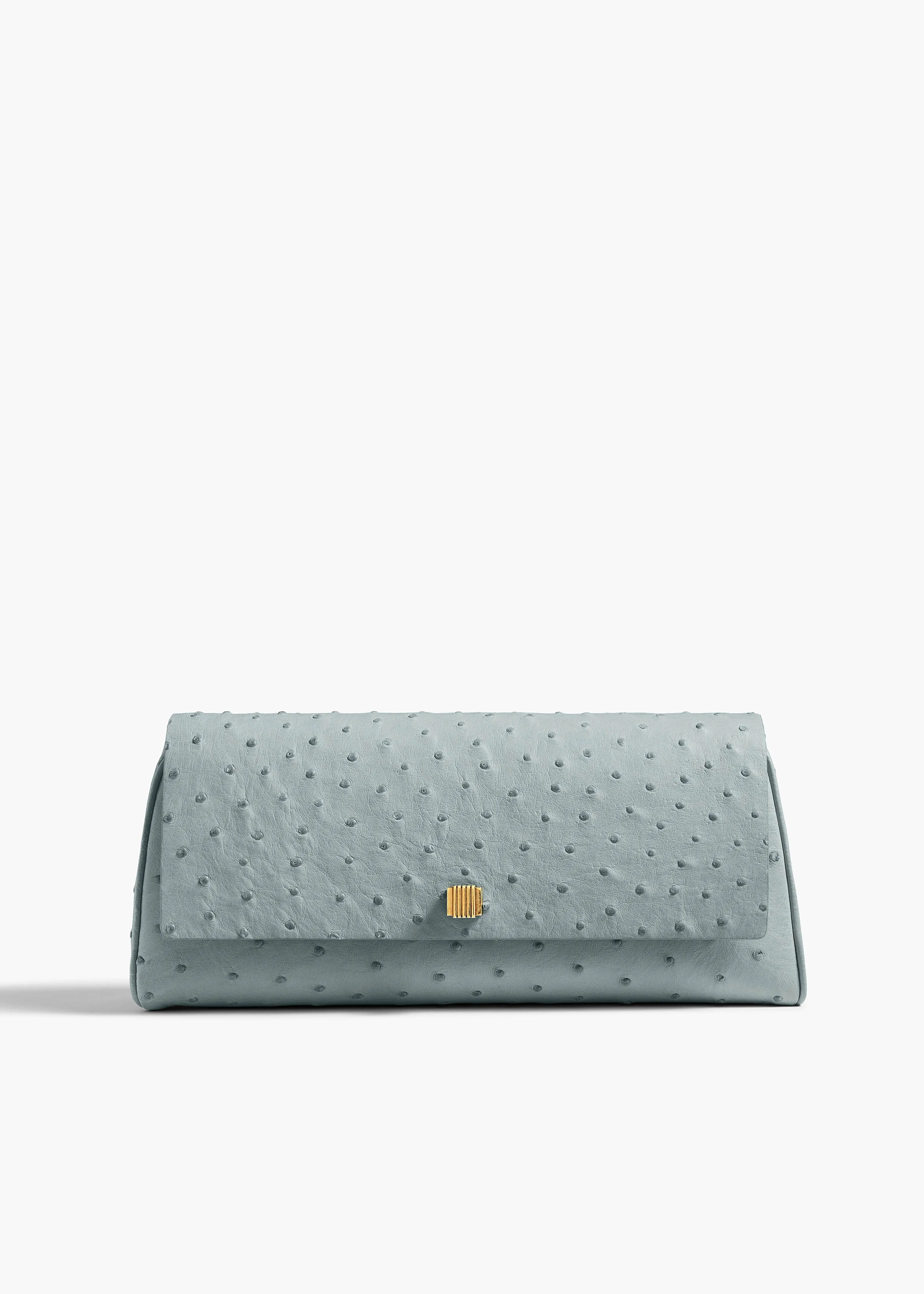Audrey Clutch in Frost Ostrich sold by KHAITE