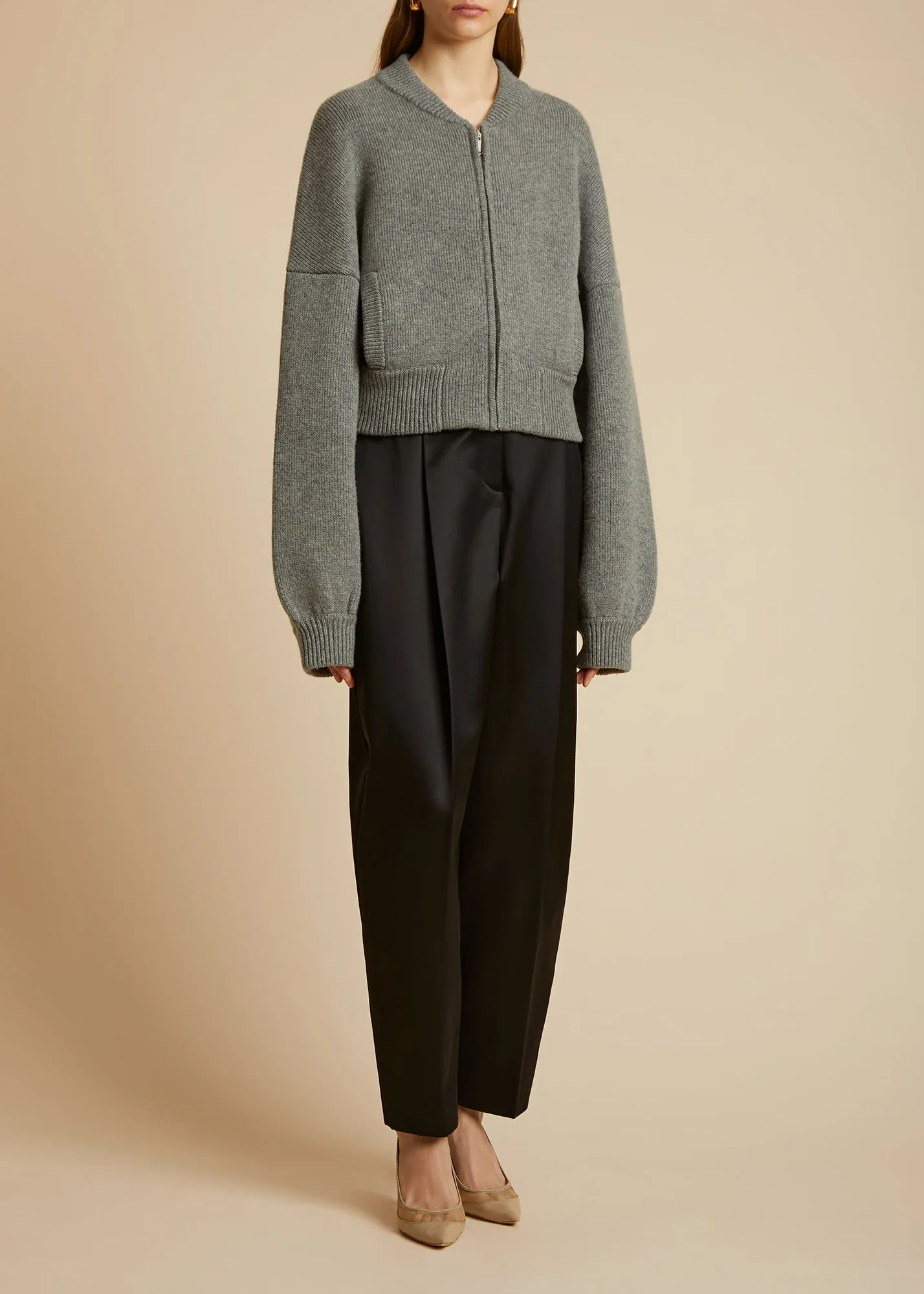 The Rhea Jacket in Smoke sold by KHAITE