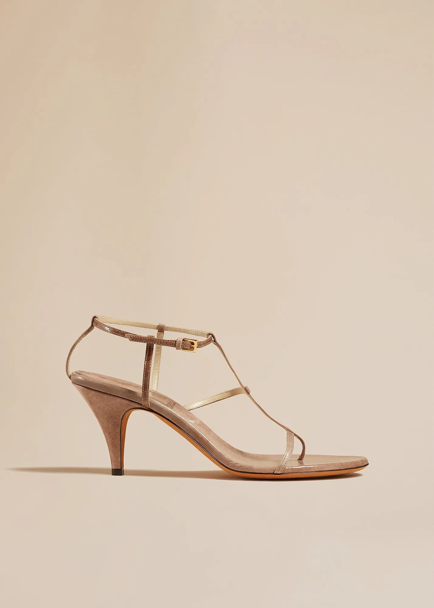 Jones Heel Sandal in Mud Crinkled Leather sold by KHAITE