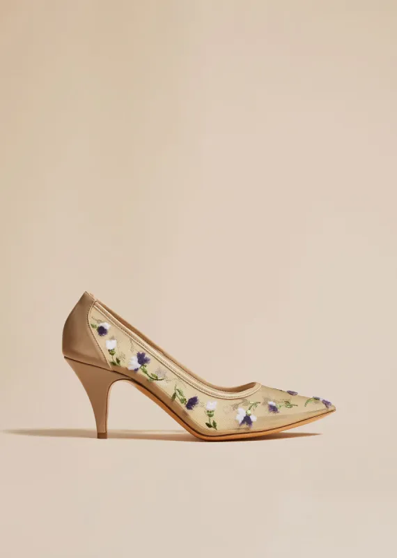 River Pump in Beige Mesh with Purple Floral Embroidery sold by KHAITE