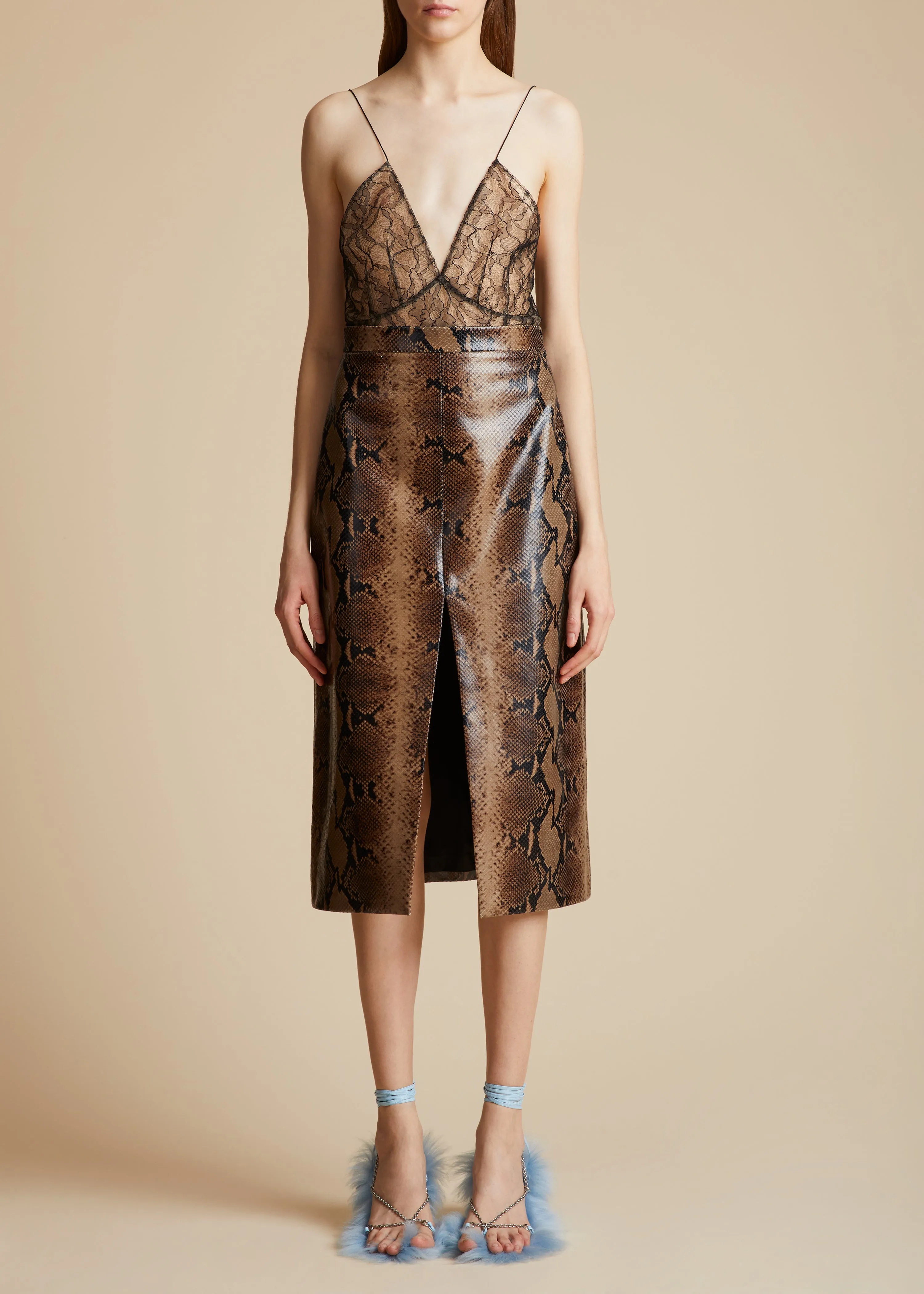 The Fraser Skirt in Brown Python-Embossed Leather sold by KHAITE
