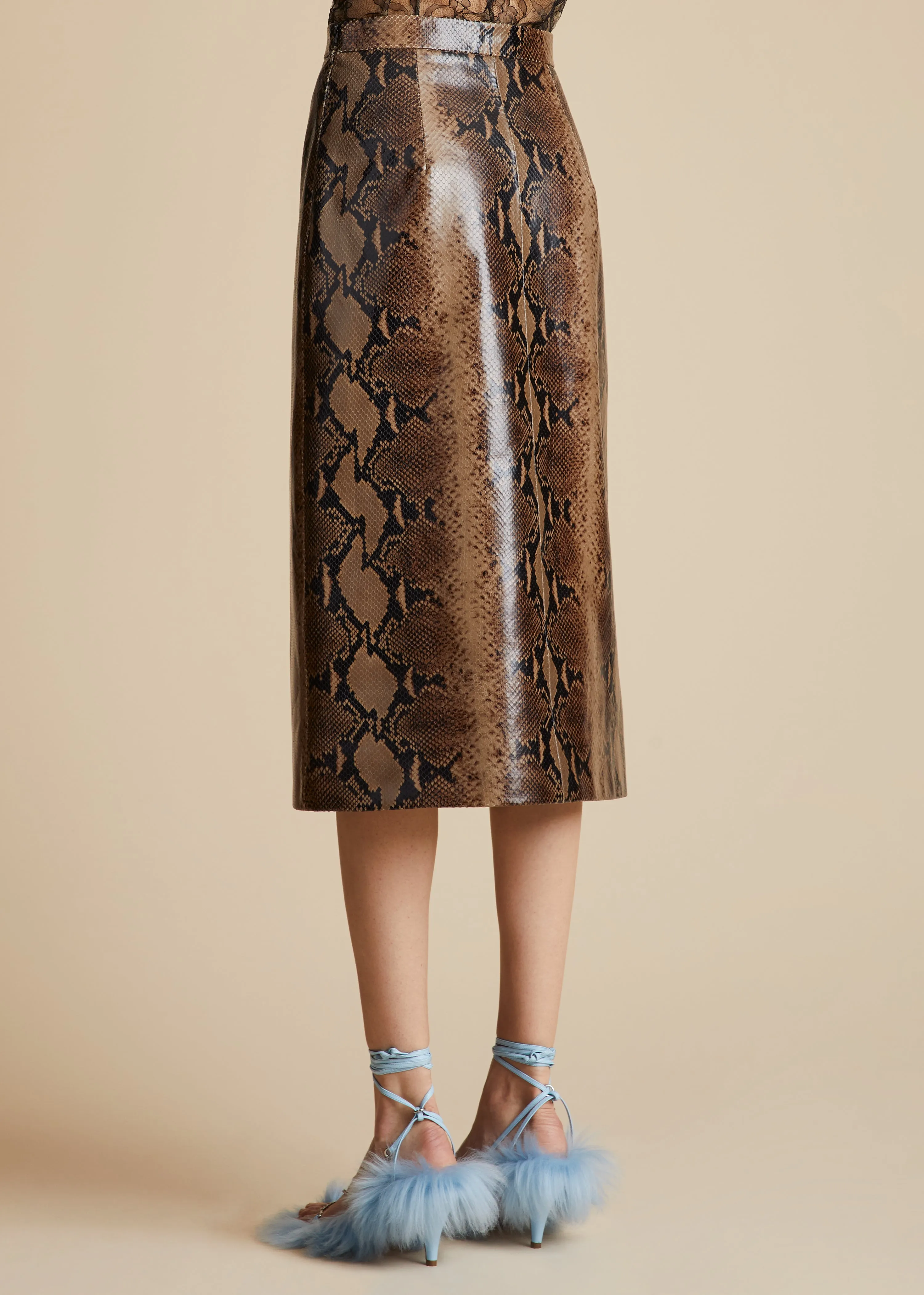 The Fraser Skirt in Brown Python-Embossed Leather sold by KHAITE product image thumbnail 3