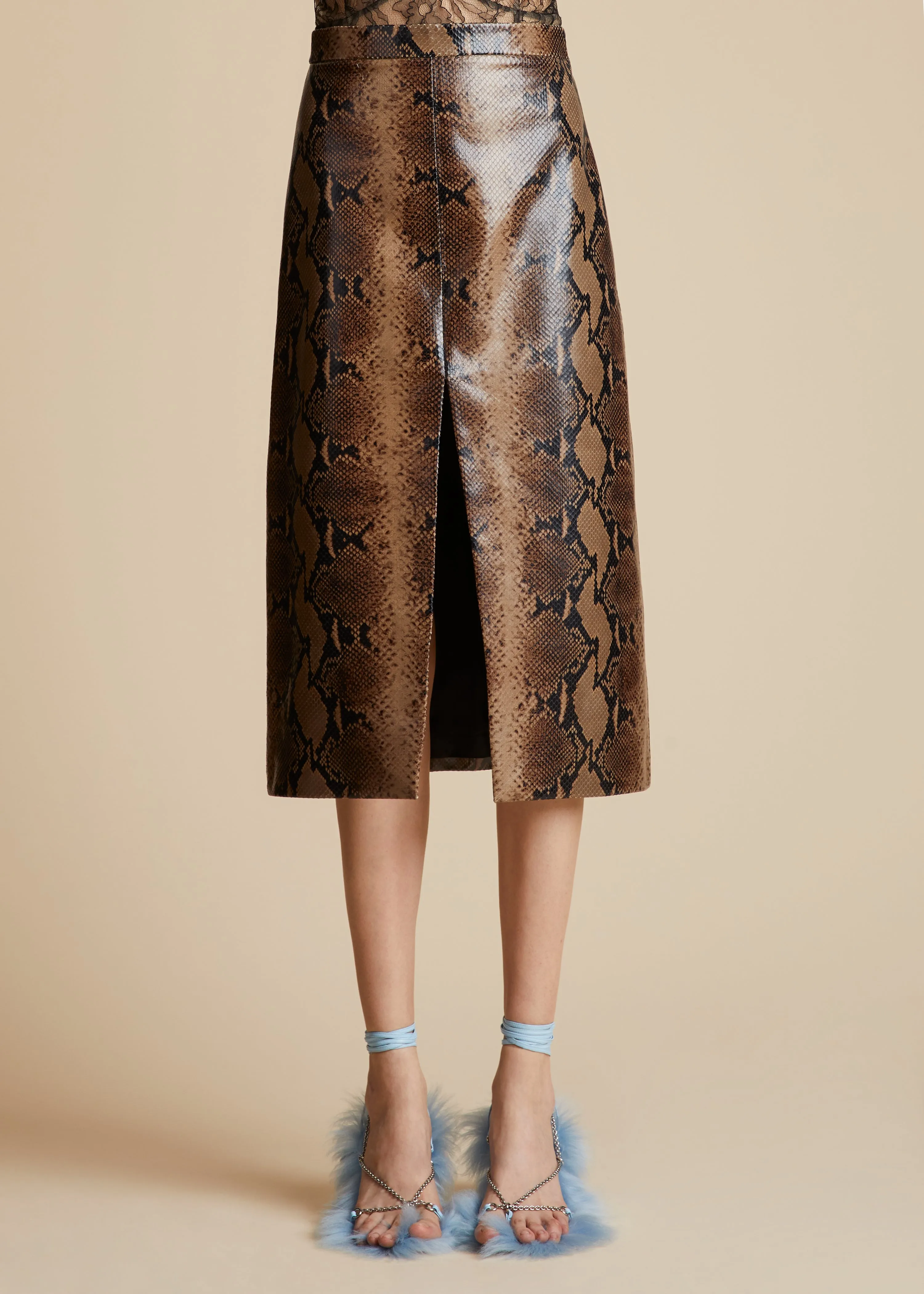 The Fraser Skirt in Brown Python-Embossed Leather sold by KHAITE product image thumbnail 2
