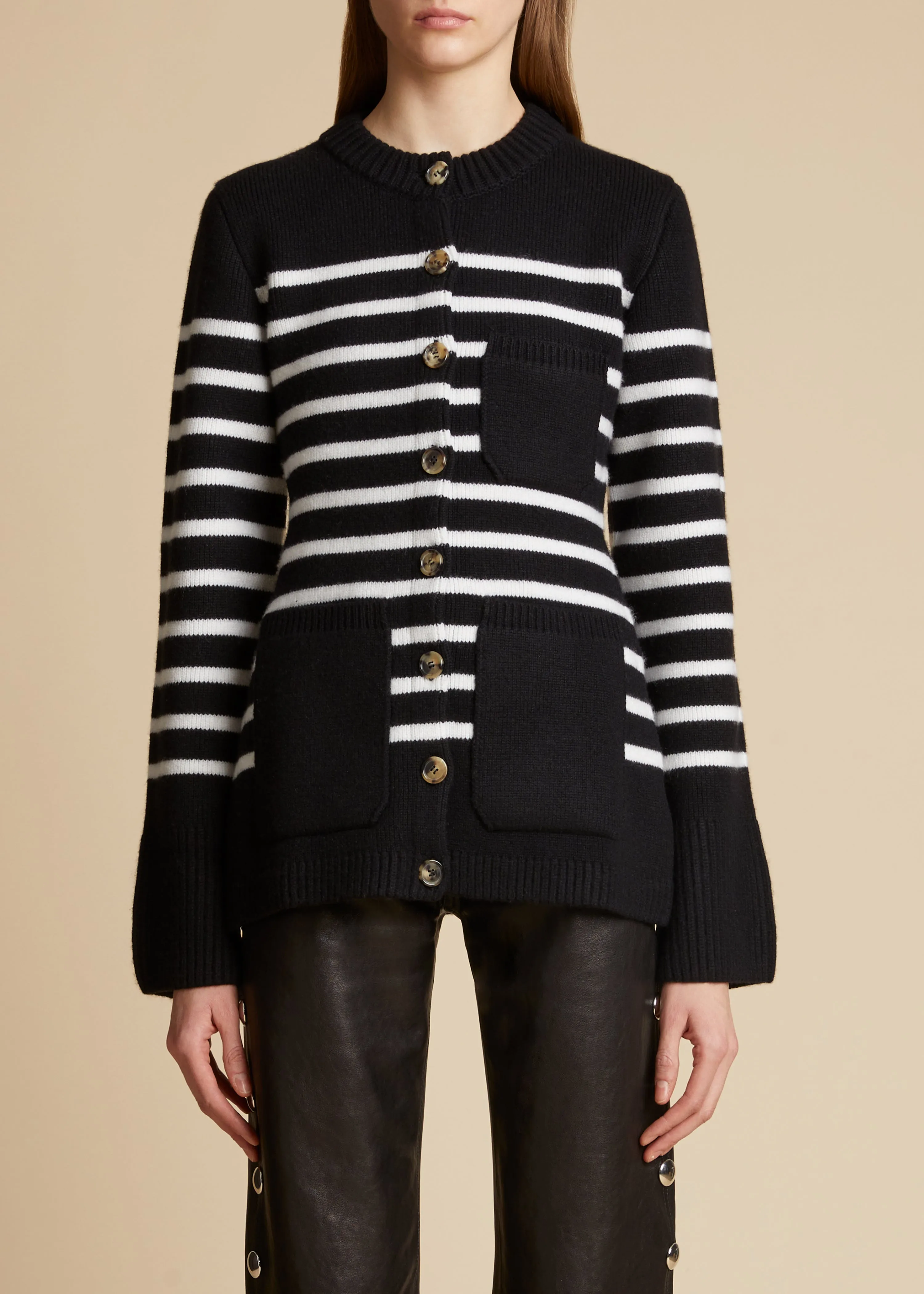 The Suzette Cardigan in Black and White Stripe sold by KHAITE