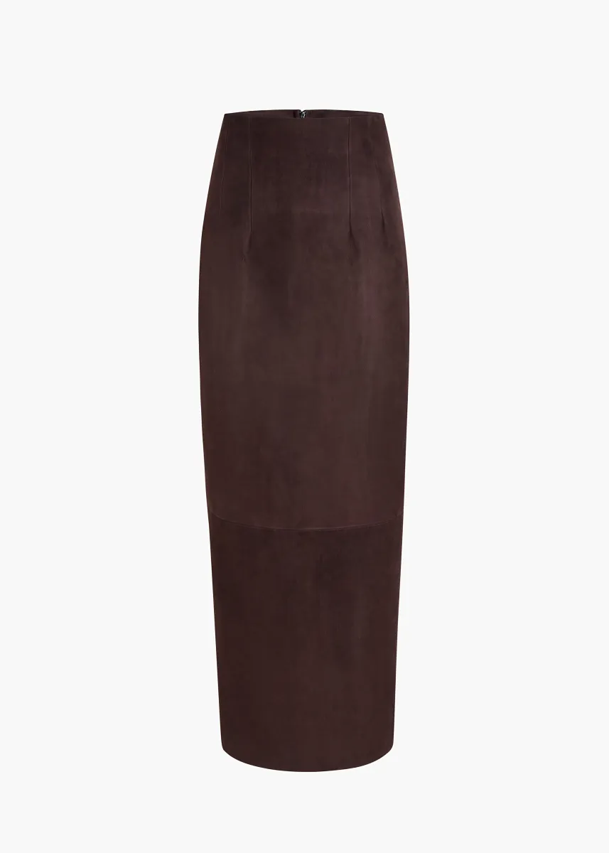 Loxley Skirt in Dark Brown Suede sold by KHAITE