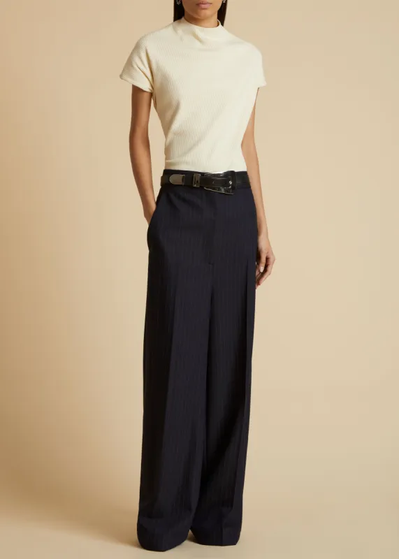 The Banton Pant in Navy and White Stripe sold by KHAITE