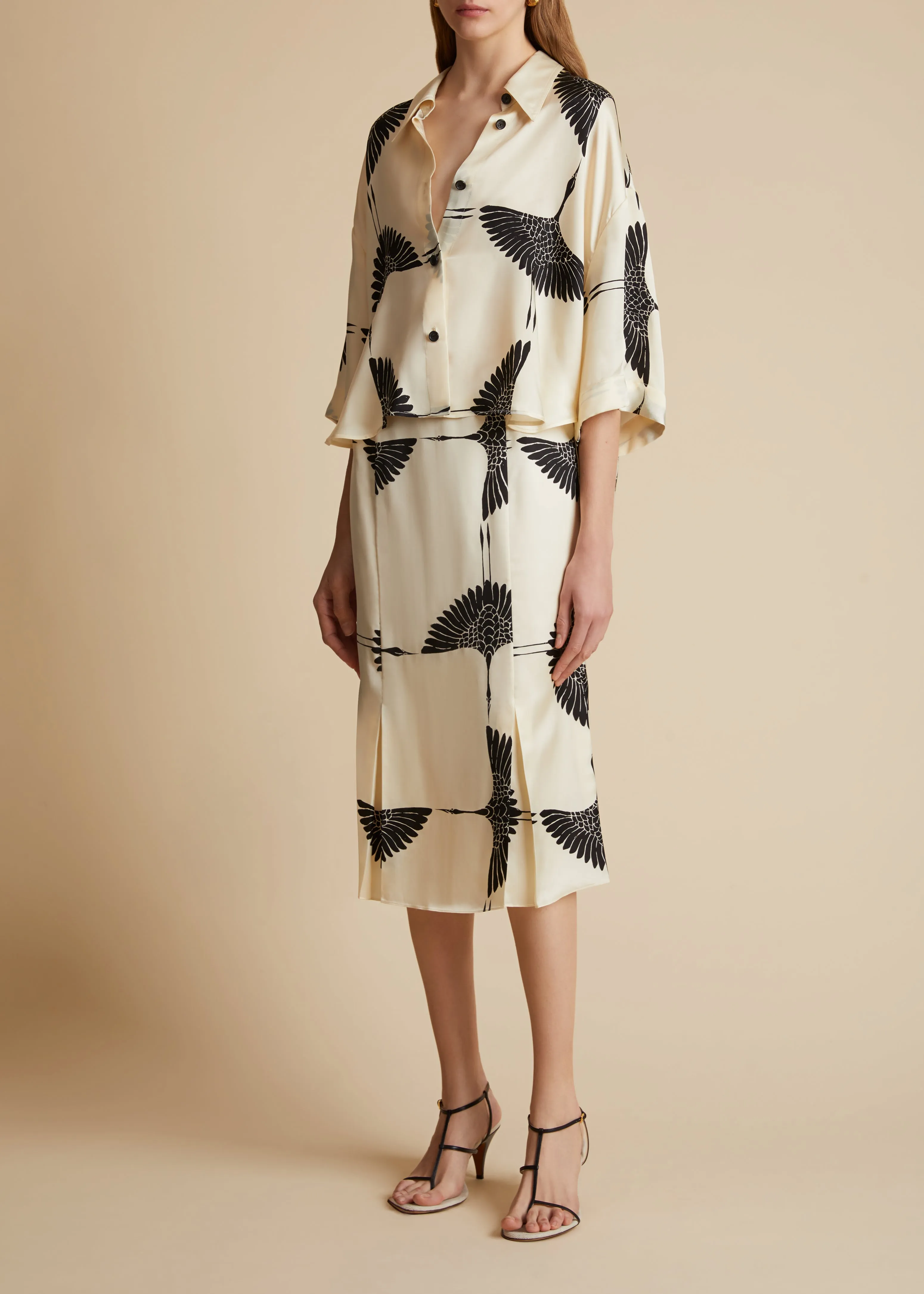 Levy Skirt in Cream and Black Crane Print sold by KHAITE product image thumbnail 3