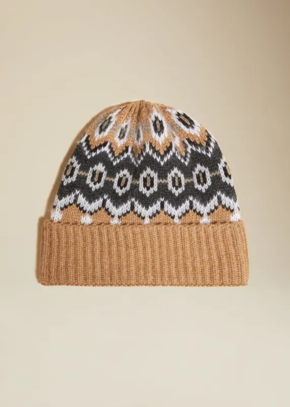 The Alpina Beanie in Camel Multi sold by KHAITE