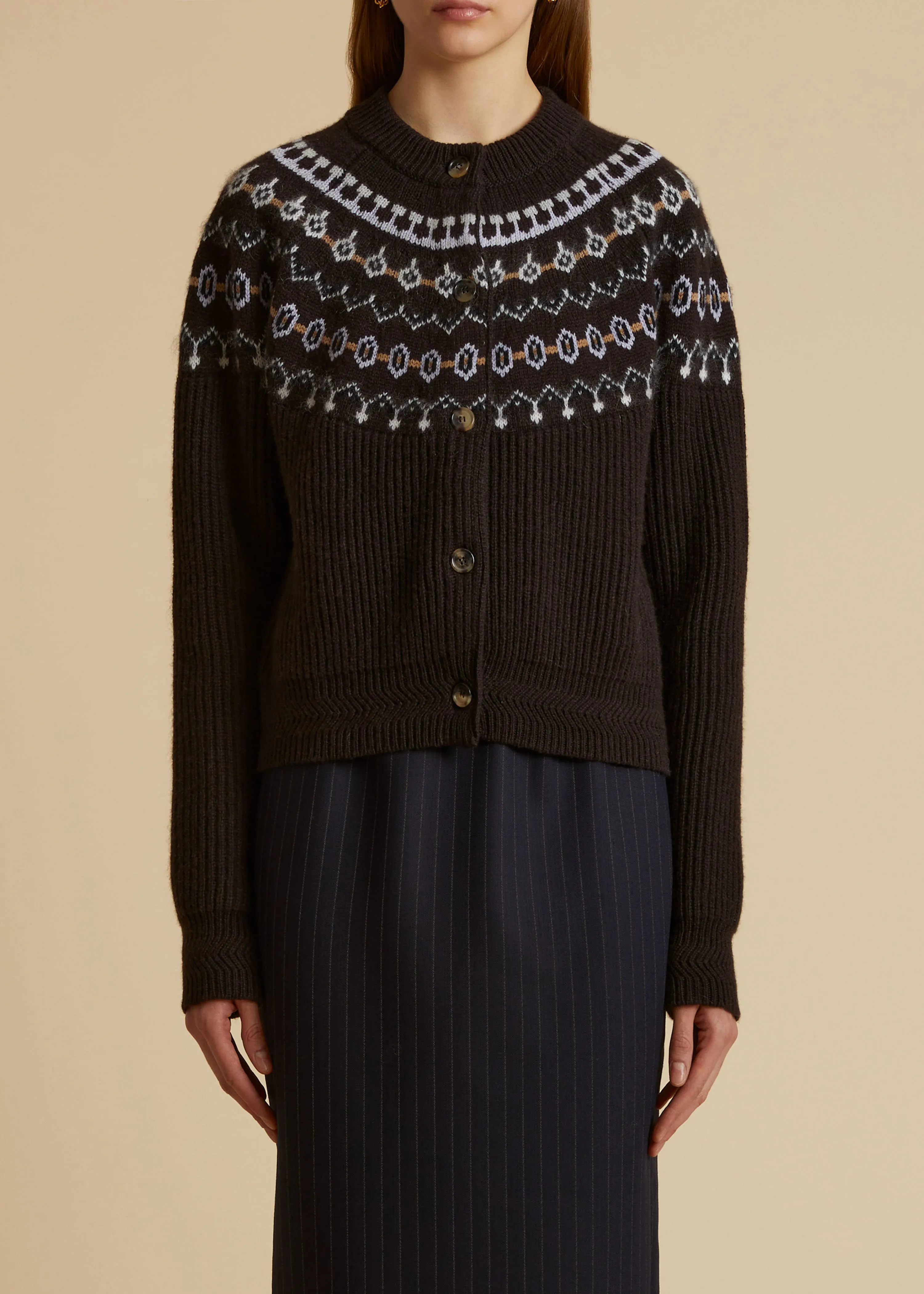 The Michaela Cardigan in Truffle Multi sold by KHAITE