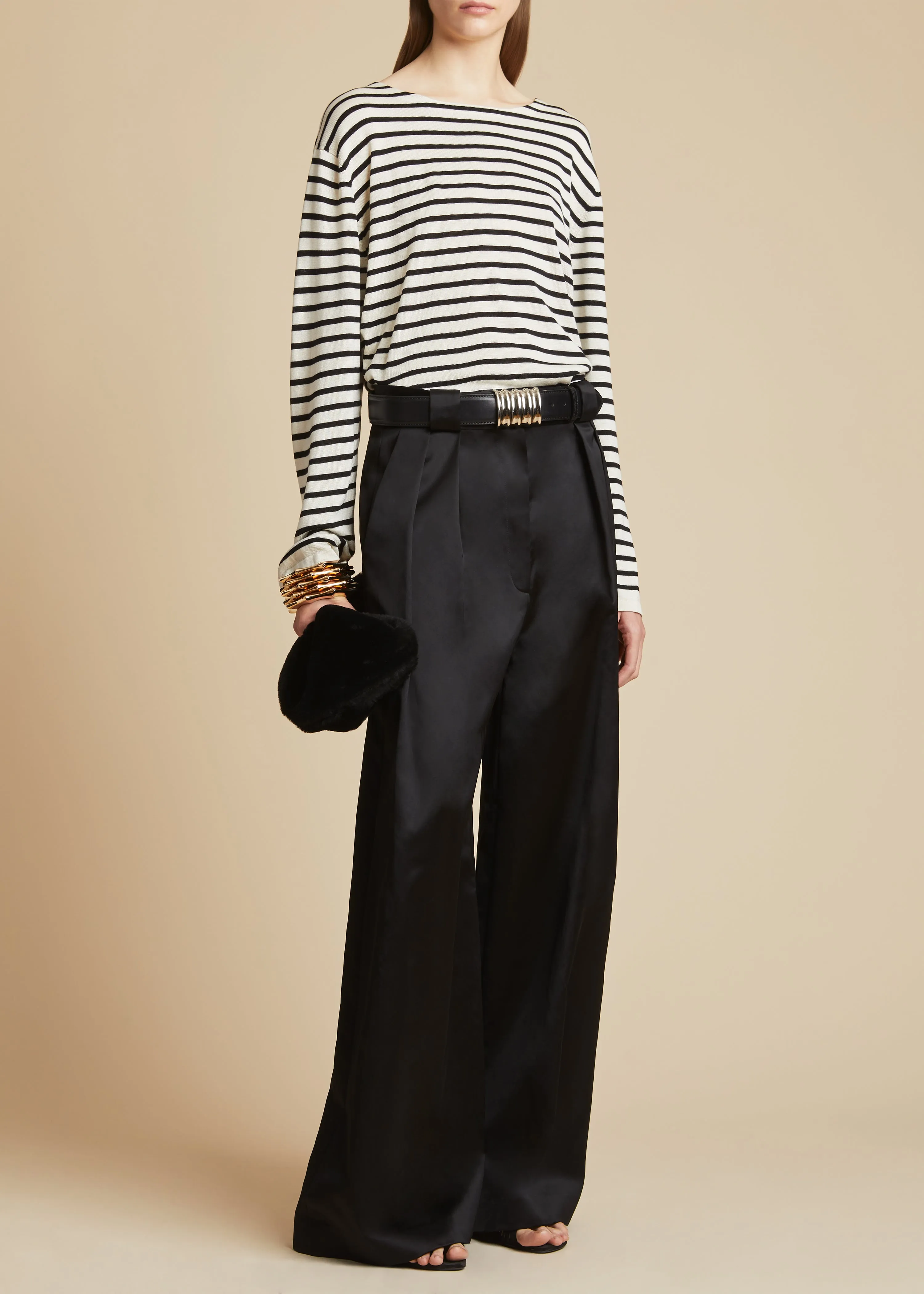 The Casey Top in Black and Ivory Stripe sold by KHAITE