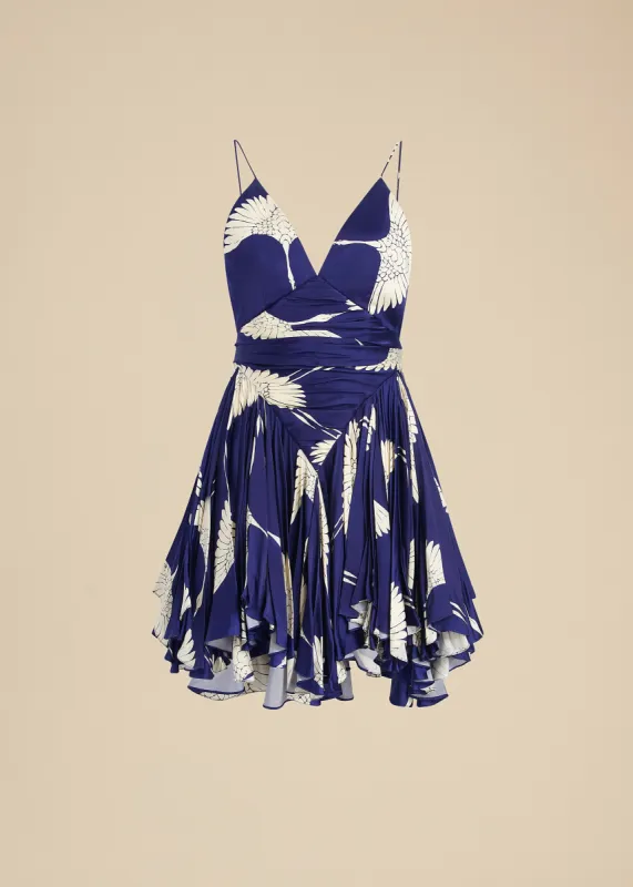 Margot Dress in Cobalt and Cream Crane Print made by KHAITE